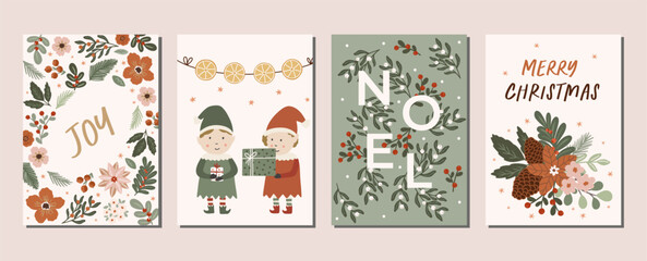 Fototapeta na wymiar Collection of christmas greeting cards and posters with hand drawn winter holiday and christmas elements and floral arrangement. Set of winter christmas illustrations