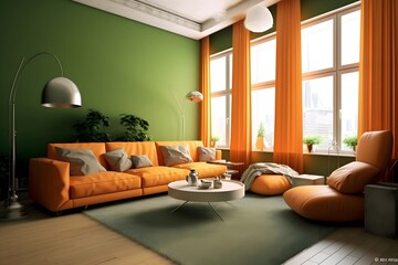 Living room with orange sofa and coffee table