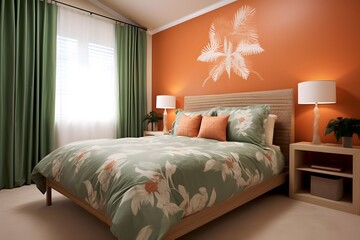 Interior of modern bedroom with orange and green khaki colors