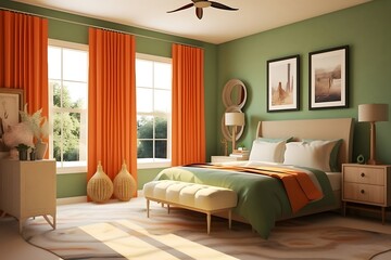 Interior of modern bedroom with orange and green colors