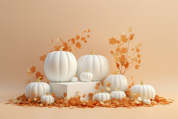 Obraz na płótnie Canvas halloween white pumpkin on white podium background