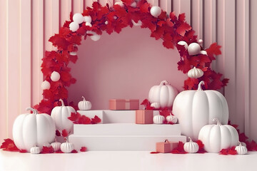 Pink background with pumpkins and leaves decoration