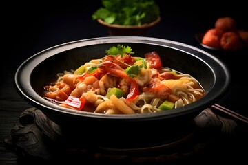 Bowl with chinese noodles with beef and vegetables