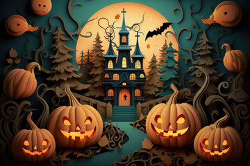Paper cut halloween background with spooky pumpkins