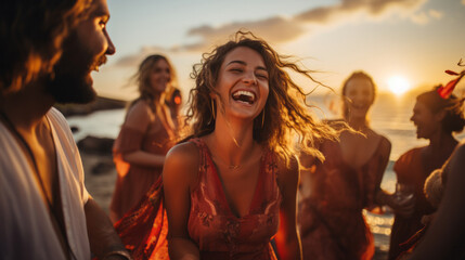Friends party on the beach in summer , woman dancing at the rhythm of the festive music