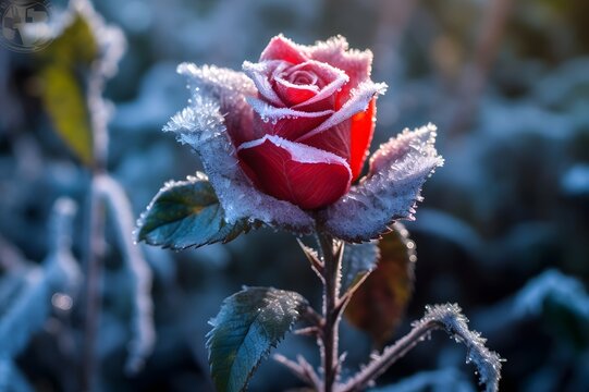 Beautiful frozen red rose in winter