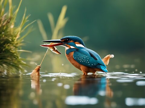 beautiful kingfisher catching fish image ai generated art