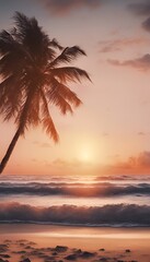 Sunset on the beach with palm and waves.