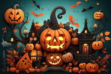 illustration design halloween background with spooky pumpkins