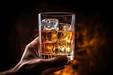 Male hand holds glass of whiskey on black background, space for text.