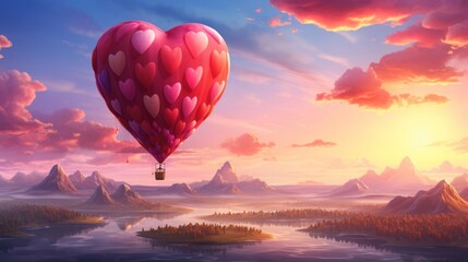 A heart-shaped hot air balloon soaring through the clouds, carrying a couple on a romantic journey