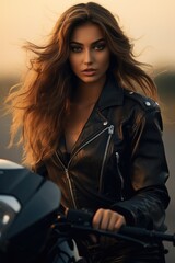 Naklejka premium young girl on a motorcycle in a leather suit on the highway at sunset 