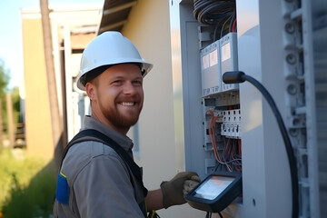 Happy male electrician fixing problems of automatic electric meter