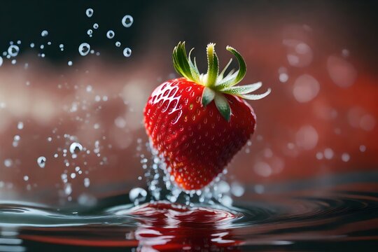 A strawberry is in water, its bright red color looks very juicy. Creative resource, AI Generated