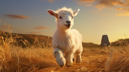  a baby goat running through a field of wheat at sunset.  generative ai