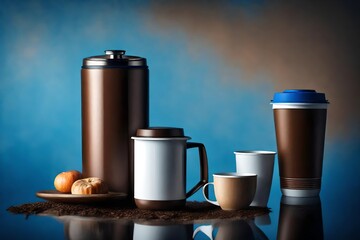black thermos and cup of tea on the blue background.