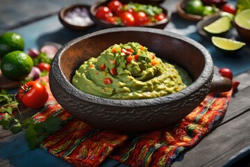 There is a delicious Mexican avocado dip on a table outside. Creative resource, AI Generated