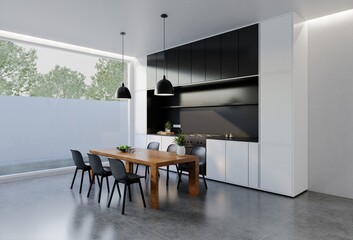 Minimal black and white kitchen with dining table. 3D illustration rendering