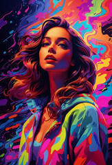 Naklejka premium An illustration of a girl with splash colorful colors.