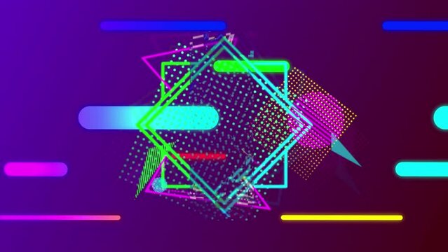 Animation of colorful search bar with geometric shapes on violet background