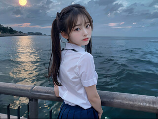 満月の海と制服を着て振り向く若い女性