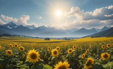 A beautiful sunflowers field with mountain background. - Powered by Adobe