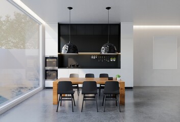 Minimal black and white kitchen with dining table. 3D illustration rendering