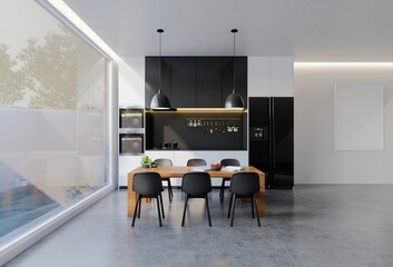 Minimal black and white kitchen with dining table. 3D illustration rendering