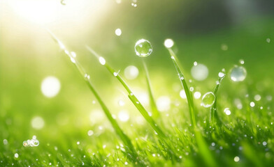 A natural green grass with water drops background.