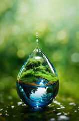 A nature in water drop with green ecology background. - obrazy, fototapety, plakaty