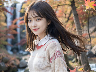 秋の紅葉の滝と笑顔の若い女性