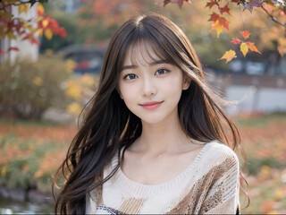 秋の紅葉と笑顔の若い女性