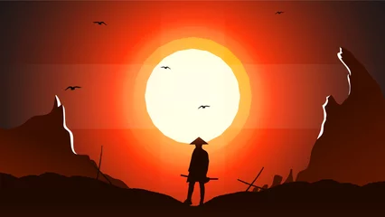 Fotobehang samurai background. Japanese samurai background. Japanese cyberpunk samurai. sunset background. urban samurai illustration. landscape fantasy wallpaper.  © riansa28