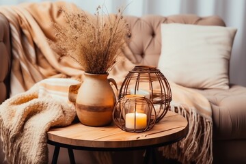 Cozycore or cottagecore concept, warm soft brown beige interior design objects. Cozy wool plaid on sofa, candle burning in wood lantern, tea cup on wood table. generative ai. - obrazy, fototapety, plakaty