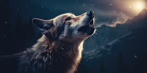 Fotobehang portrait of a wolf in the night howling at the moon © Zanni