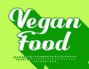 Vector eco concept Vegan Food. Modern stylish 3D Font with Green Shadow. Сalligraphic Alphabet Letters and Numbers set