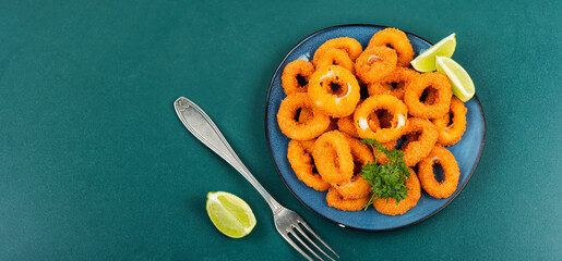 Deep fried squid rings, space for text.