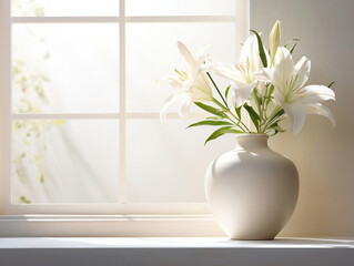 百合の花を花瓶にいれて窓辺に飾る。インテリアとフラワーアレンジメント。生成AI