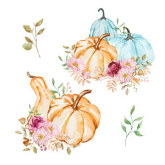 Autumn composition of watercolor pumpkins and flowers