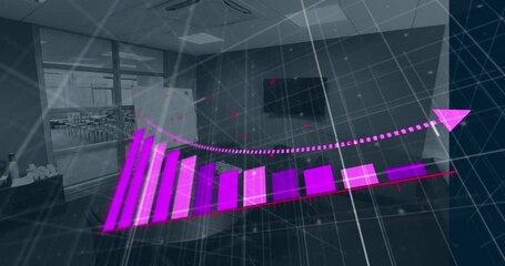 Animation of bar graph downgrading over empty chairs and table arranged in meeting room - Powered by Adobe