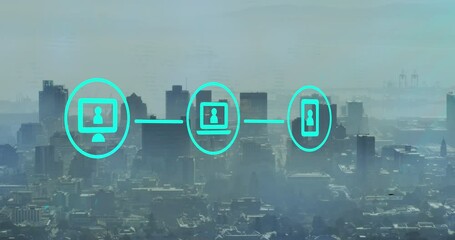 Animation of computer, laptop, phone icons forming flowchart over aerial view of modern cityscape - Powered by Adobe
