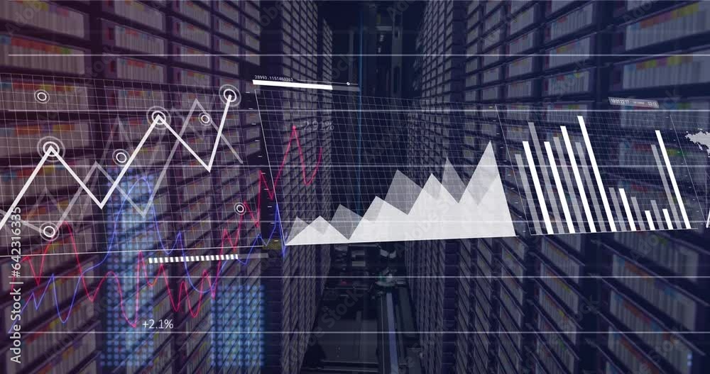 Poster animation of multiple graphs moving over data server racks