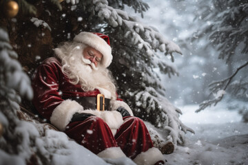 Tired Santa Claus sitting and sleeping under a tree in a snowy forest. Santa Claus got tired and decided to rest in winter forest after giving gifts on Christmas