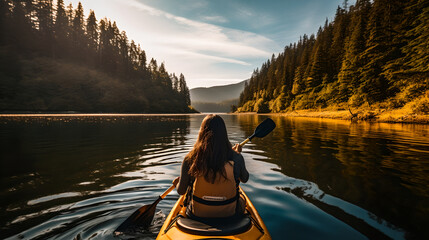 Back view of woman riding kayak on a lake in the mountains on a sunny day, beautiful female kayaking in a mountain surrounded lake. Cheerful female people relaxing having fun on the boat