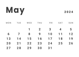 Template design of Monthly Calendar on may 2024. Vector layout minimal calendar with week start Monday. - obrazy, fototapety, plakaty