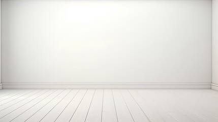 Empty light interior background. White textured empty wall and wooden floor with beautiful lighting. generative AI