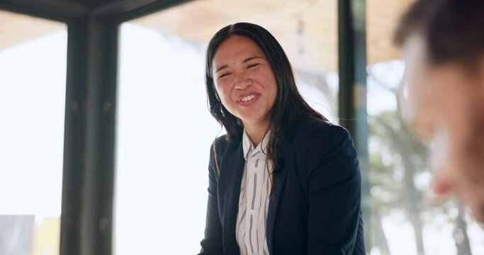 Team building, happy woman or business people laughing in a meeting planning growth strategy ideas. Smile, diversity or Asian manager speaking of a funny joke with group of staff employees in office