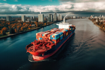 sea container ship sailing on a wide channel aerial view
