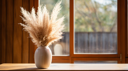 Pampas grass in decorative clay vase on table - Powered by Adobe