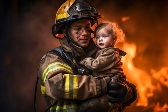 Photo of a heroic firefighter rescuing a baby from a dangerous situation